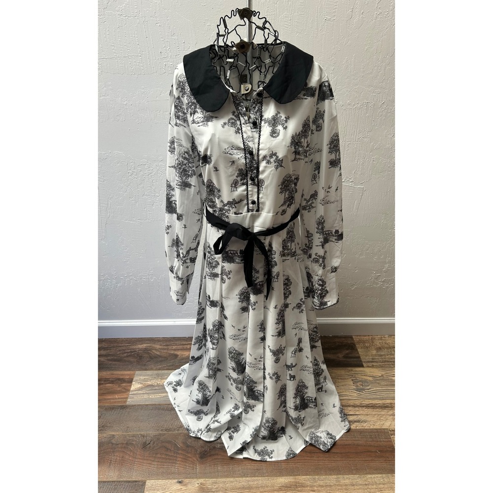 Simple Retro Black White Toile Print Peter Pan Collar Midi Dress Large NWT